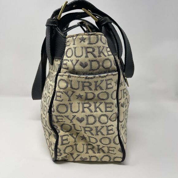 Dooney Bourke Tote Bag Tan Canvas  Black Lettering Leather Handbag Adjustable - Picture 5 of 14